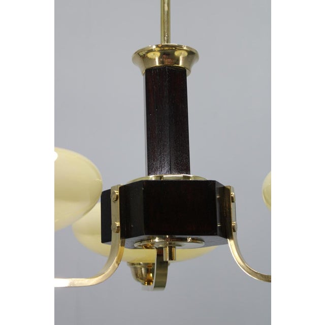 Art Deco Brass, Glass, and Wood Chandelier with Champagne Glass, Czechoslovakia, 1930s For Sale - Image 6 of 12
