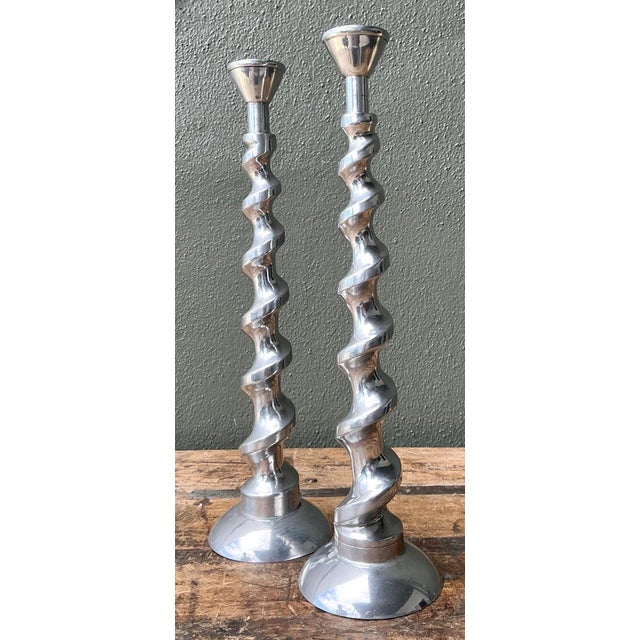 Mid-Century Modern Vintage Spiral Aluminum Candle Holders - A Pair For Sale - Image 3 of 12