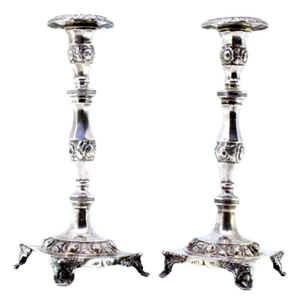 Silver Candlesticks with Turned Stems, Embossed Floral Motifs and Embossed Feet, Set of 2