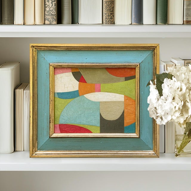 This is a new abstract color-block oil painting exploring colors and shapes. The oil painting is done on a hardboard...