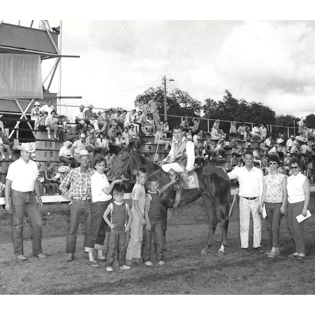 1965 black and white photograph of David's Pride in the winner's circle at Marble Downs in Carthage, Missouri. Jockey...