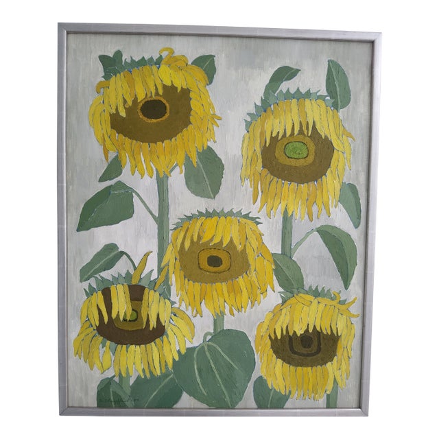 1960s Swedish Mid Century Modern Oil Painting of Sunflowers by Brita Streijffert For Sale