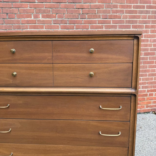 Broyhill Vintage Mid Century Broyhill Forward Walnut Highboy Dresser For Sale - Image 4 of 11