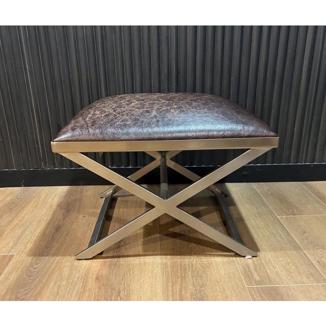 Ethan Allen Leather Ottoman – Vintage Industrial Metal Frame – Worn Leather Footstool – Rustic Farmhouse Decor Measures:...
