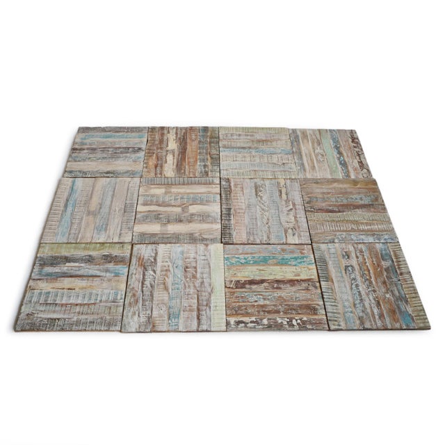Vintage reclaimed teak hardwood flooring tiles. Beautiful original paint with worn cool blues, greens and white washed...