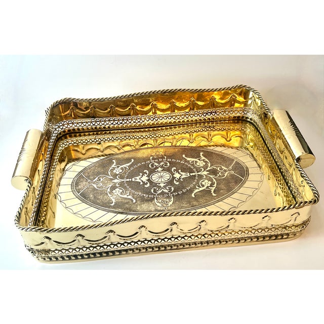 Metal Brass Tray Pierced Decorative Gallery and Large Cylindrical Handl For Sale - Image 7 of 11
