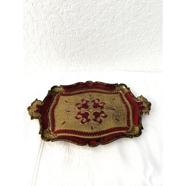 Lovely vintage composite resin Italian Florentine letter tray hand-painted in shades of gold and burgundy. Marked...