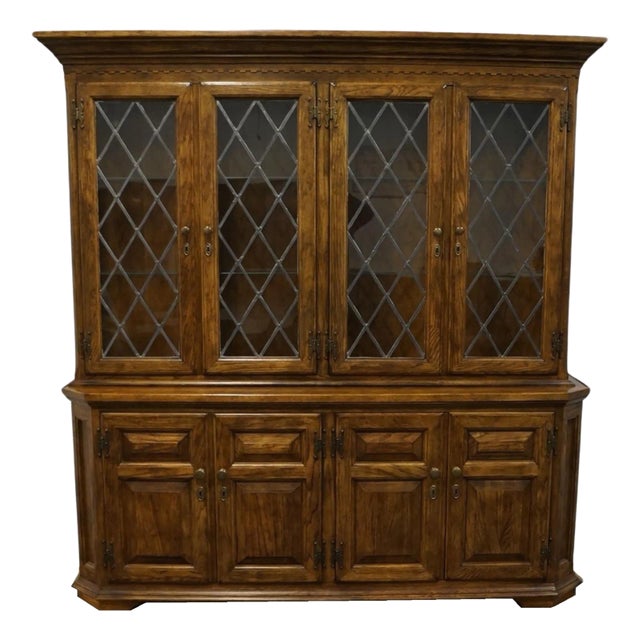 Century Furniture Solid Walnut Rustic European Style 78" Buffet W. Lighted Display China Cabinet For Sale