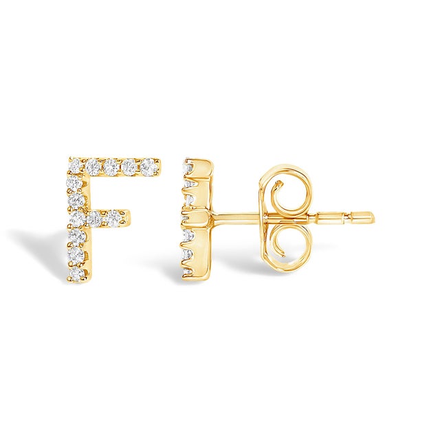 Contemporary 10K Yellow Gold 1/10 Cttw Diamond 'F' Initial Stud Earring For Sale - Image 3 of 5