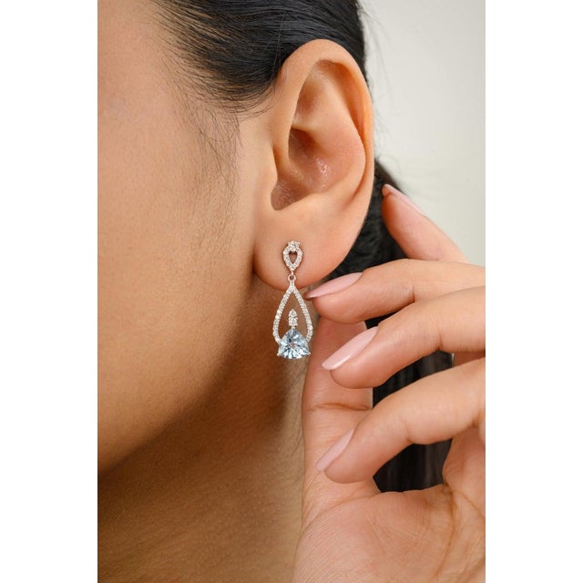 Contemporary Aquamarine Drop Earrings With Diamonds- a Pair For Sale - Image 4 of 10