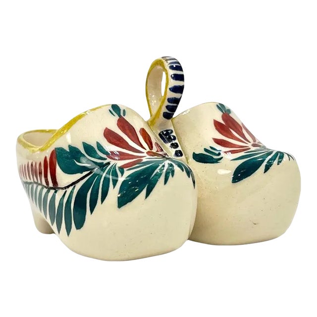 Vintage French Hb Majolica Pottery Red Green Cream Clogs Salt & Pepper Holder For Sale