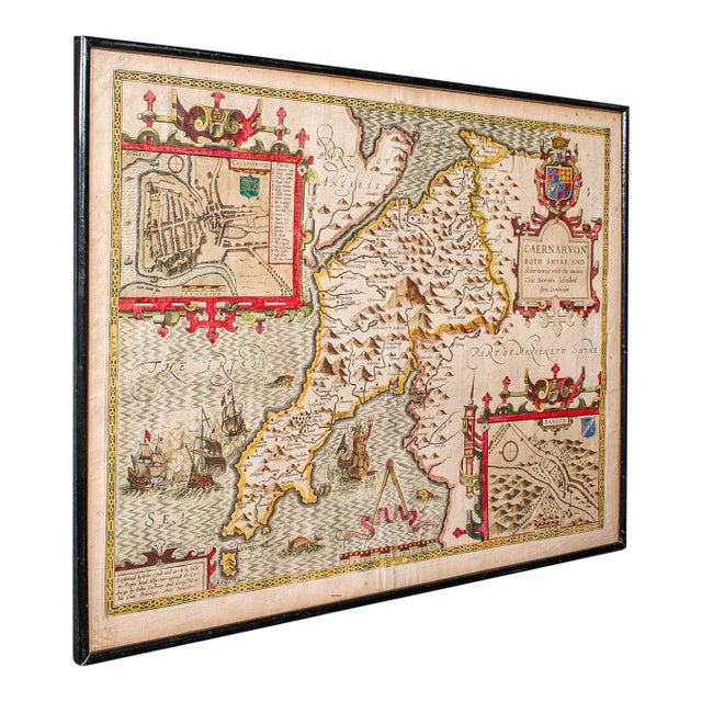 Antique Caernarvon Map, Framed Cartography, Welsh County, John Speed, Circa 1610 For Sale