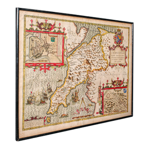 Antique Caernarvon Map, Framed Cartography, Welsh County, John Speed, Circa 1610