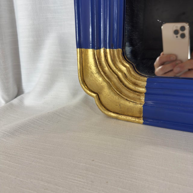 Mid-Century Modern Chic Vintage Mid-Century Chinoiserie Hollywood Regency Customized Newly Painted Blue and Hand-Gilt Wall Mirror For Sale - Image 3 of 7