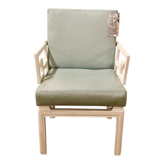 Global Views Modern White and Blue Leather Greek Key Arm Chair For Sale