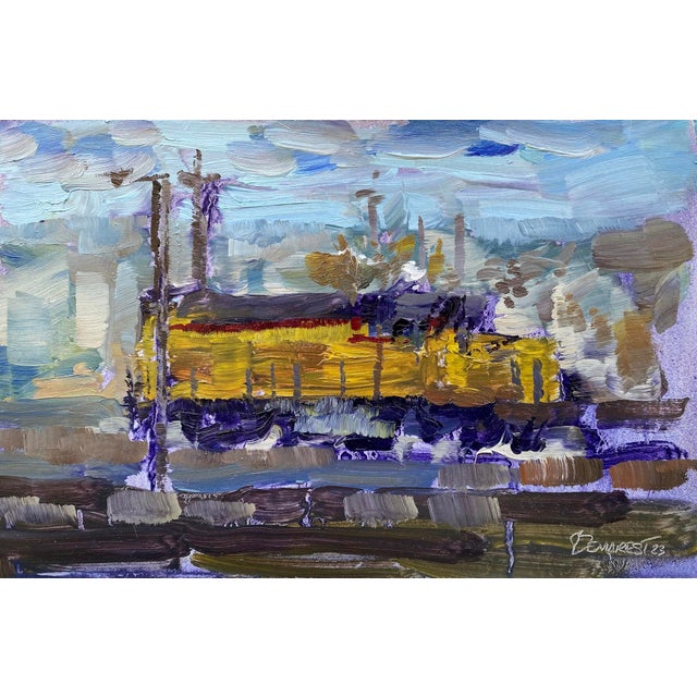 Union Pacific Roll Out by Delton Demarest | Oil on Panel Painting of a yellow train in a landscape For Sale