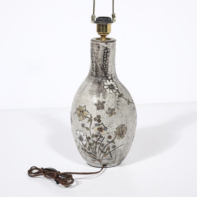 Mid-Century Gray Glazed Ceramic Table Lamp With Floral Motifs by Paul Quéré For Sale - Image 13 of 14
