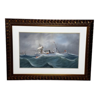 s.s. Shelley Steam Sail Ship in Heavy Seas — Attributed to Lucas Papaluca Early 20th Century Neapolitan Marine Painting | Gouache on Paper | Framed For Sale