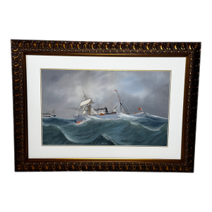 s.s. Shelley Steam Sail Ship in Heavy Seas — Attributed to Lucas Papaluca Early 20th Century Neapolitan Marine Painting | Gouache on Paper | Framed