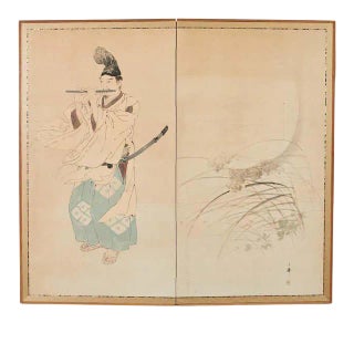 Japanese Taisho Two Panel Screen Heian Period Flute Player For Sale