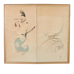Japanese Taisho Two Panel Screen Heian Period Flute Player