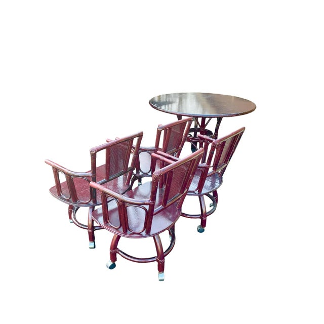 Wood 1960s Vintage Ficks Reed Style Rattan Cane Patio Dining Set of 5 For Sale - Image 7 of 10