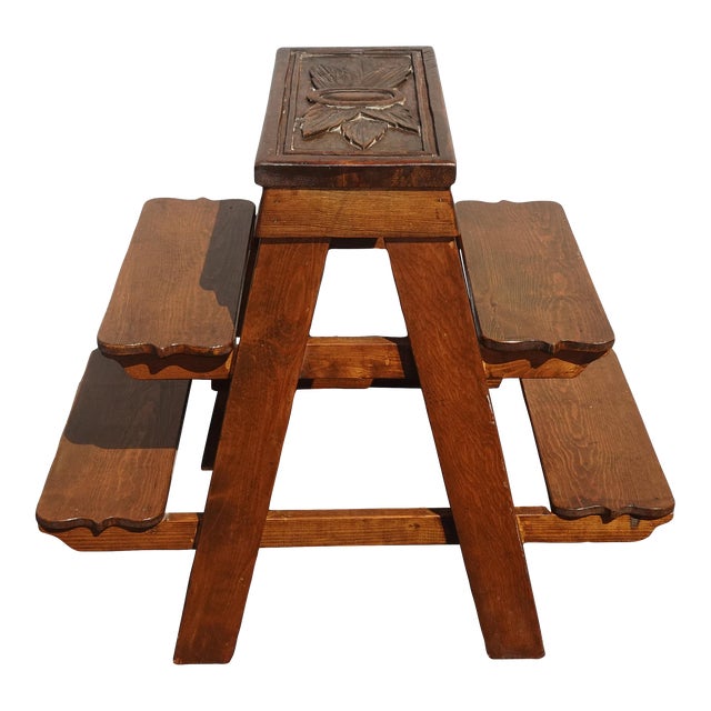 Vintage French Country Oak Five Tier Carved Display Plant Stand For Sale