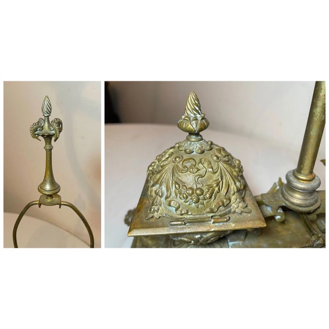 Bronze Antique Ornate 1800's Victorian Gilt Bronze Dual Inkwell Desk Lamp Stand Brass For Sale - Image 8 of 12