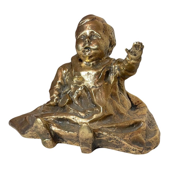 Antique Polished Signed Bronze Statue of a Baby With Spoon Sculpture Figure For Sale