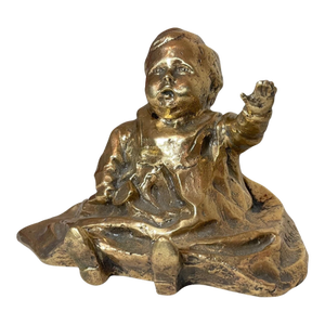 Antique Polished Signed Bronze Statue of a Baby With Spoon Sculpture Figure
