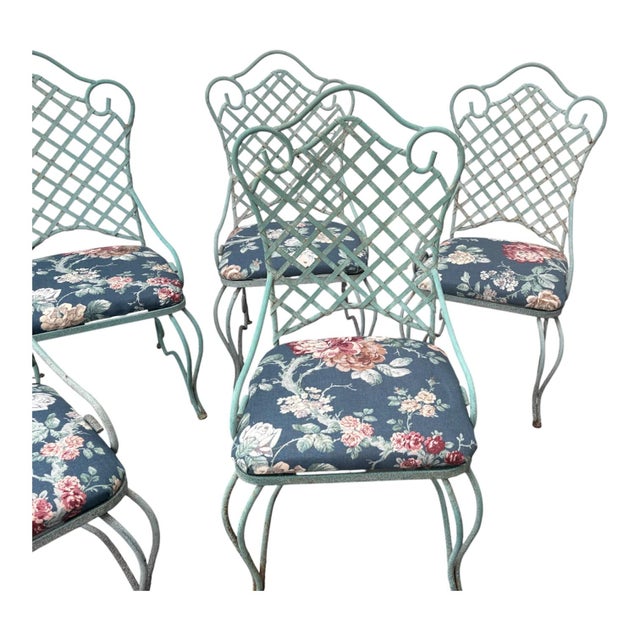 Lovely Set of 6, Mid Century, Woodard Style, Florentine pattern wrought iron patio dining chairs with Lattice Back design,...