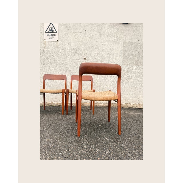 Design classic teak dining chairs Model 75 by Niels Moller for J L Moller Mobelfabrik, Denmark. Set of 4 available. This...