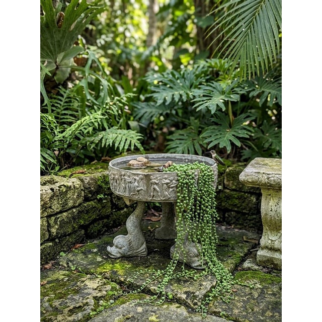 Light Gray Vintage Neoclassical Relief-Carved Lead Garden Planter on Dolphin Tripod Base For Sale - Image 8 of 10