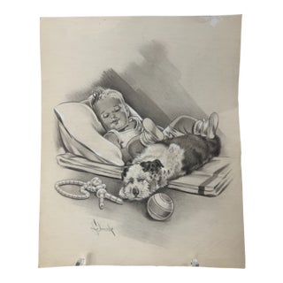 1940s Original t.e. Schrock Signed Graphite Illustration of Sleeping Child With Puppy and Toys, 11.75 × 9.5 In. For Sale