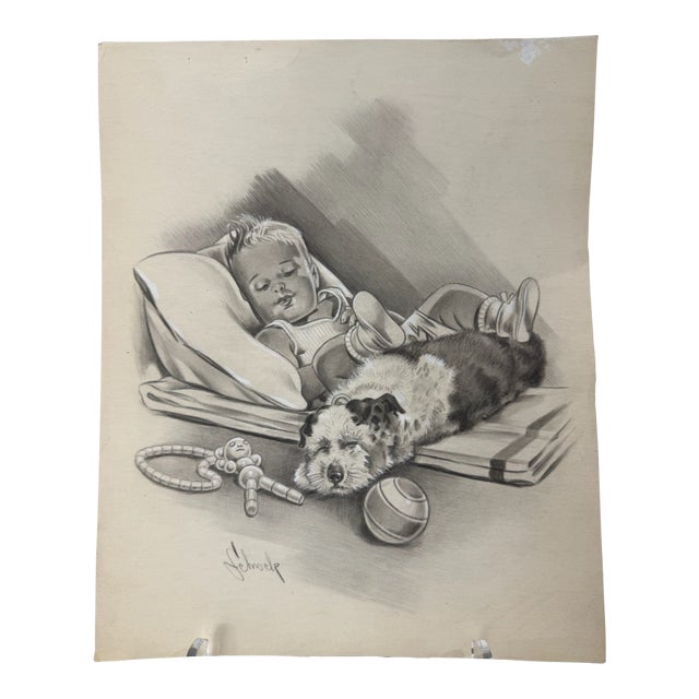 1940s Original t.e. Schrock Signed Graphite Illustration of Sleeping Child With Puppy and Toys, 11.75 × 9.5 In. For Sale