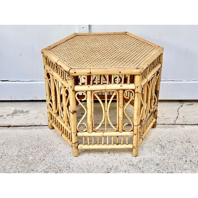 Wood Vintage Fretwork Style Bamboo Hexagon Shaped Coffee Table For Sale - Image 7 of 10