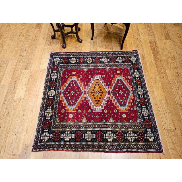 Persian Vintage Persian Tribal Square Rug, Hand-Knotted Wool, Geometric Medallions Pattern, 4x4, Red & Blue For Sale - Image 3 of 15