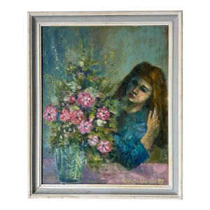 1975 Vintage Figurative Still Life With Flowers and Woman Oil Painting, Signed