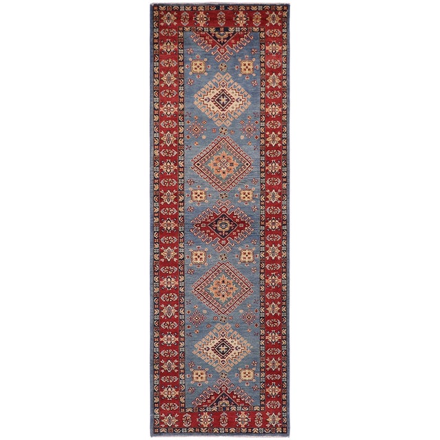 Blue Tribal Super Kazak Light Blue/Red Wool Runner Rug- 2'11'' X 9'8'' For Sale - Image 8 of 10