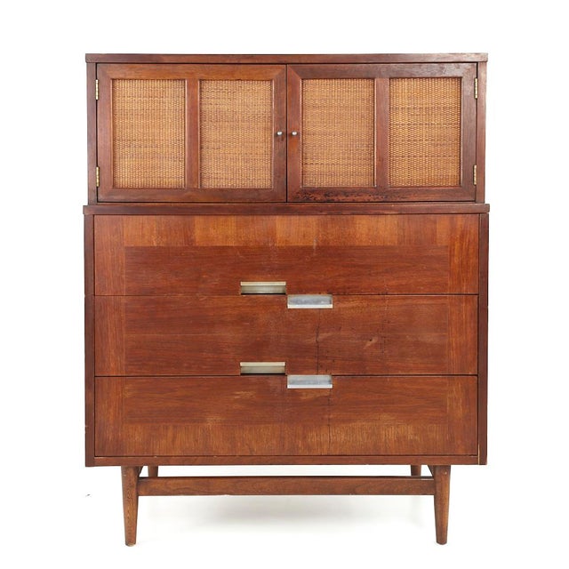 Merton Gershun for American of Martinsville Mid Century X Inlay Walnut 9 Drawer Dresser This highboy measures: 36 wide x...