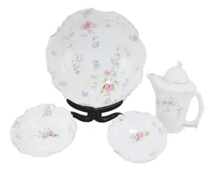 Bavarian White Embossed Porcelain Dinnerware Set With Roses & Gold Trim