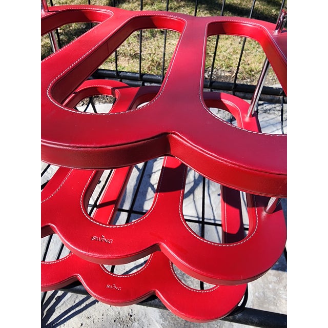 Red 1970s Mid Century Modern Authentic Swing Design Italy Red Leather & Chrome Wine Rack –6-Bottle For Sale - Image 8 of 16