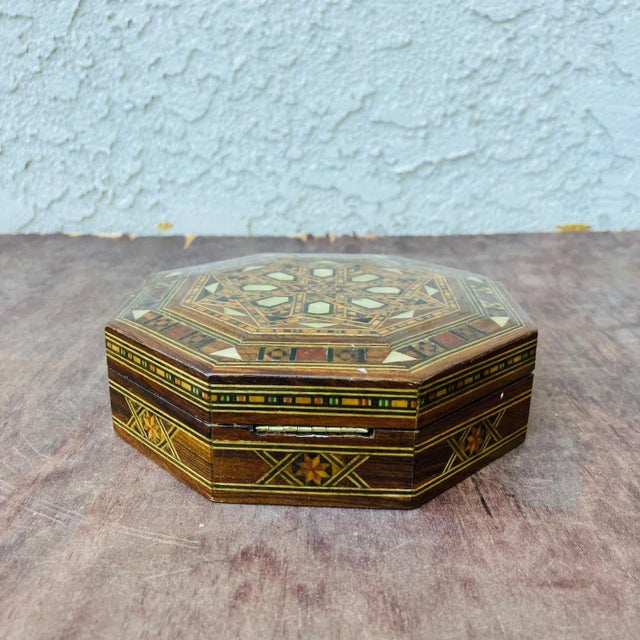 Moroccan Vintage Moroccan Marquetry Inlay Wood Jewelry Box For Sale - Image 3 of 11