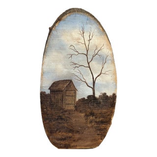 Vintage 1982 Signed Oil Landscape on Natural Wood For Sale