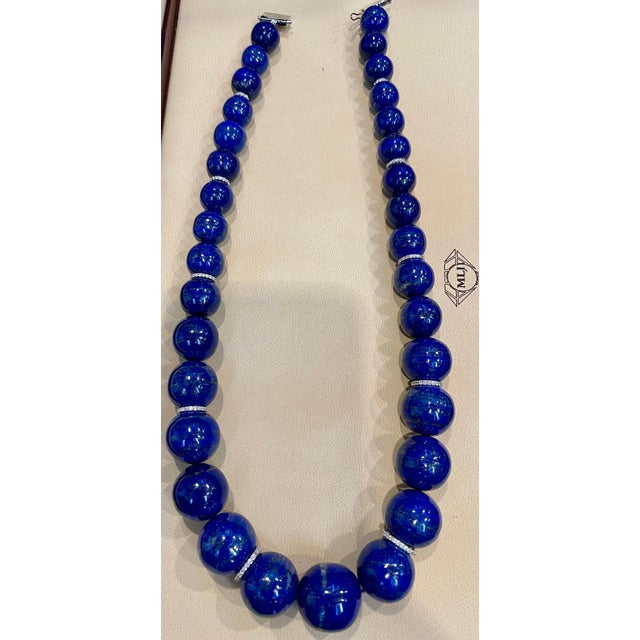 Blue Certified Vintage Lapis Lazuli Single Strand Diamond Necklace 14 Kt White Gold For Sale - Image 8 of 18