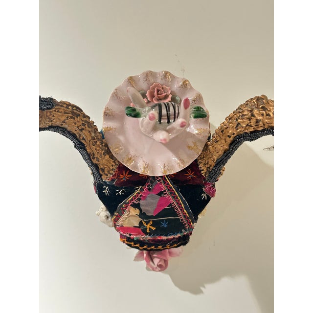 Modern Skull Wall Sculpture With Crazy Quilt and Vintage Media For Sale - Image 3 of 9