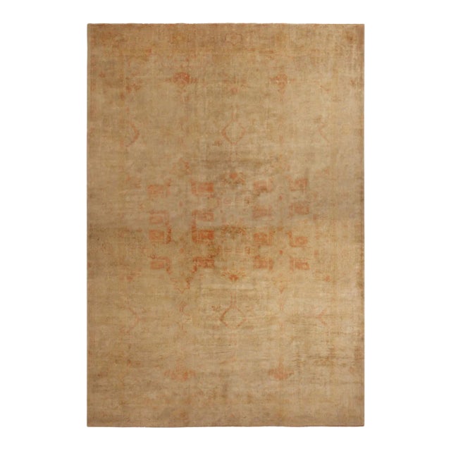 Hand Knotted Antique Oushak Rug in Orange Beige Geometric Pattern For Sale