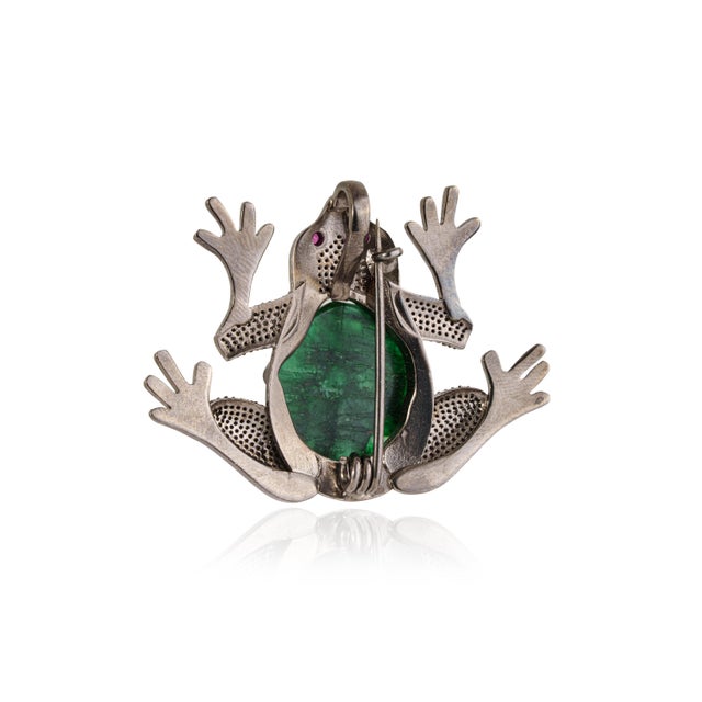 Not Yet Made - Made To Order Antique Style Oxidized Silver & 15.25 Ct Natural Emerald Diamond Frog Brooch Pendant For Sale - Image 5 of 14