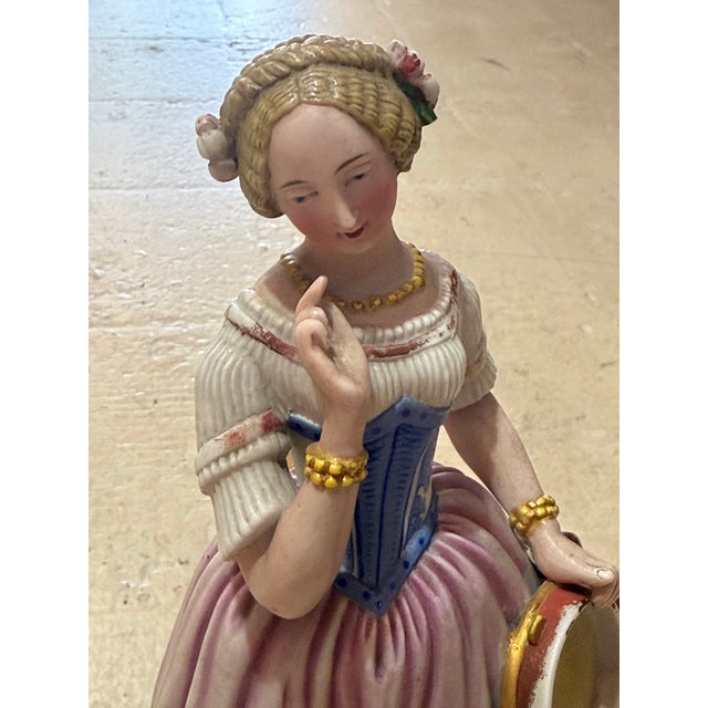 Mid 20th Century Vintage Hand-Painted Porcelain Lady Figurine With Tambourine – 12"h For Sale - Image 5 of 7