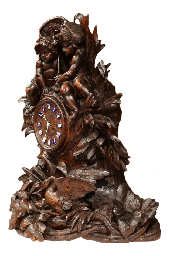 19th Century Swiss Carved Walnut Black Forest Mantel Clock | Chairish